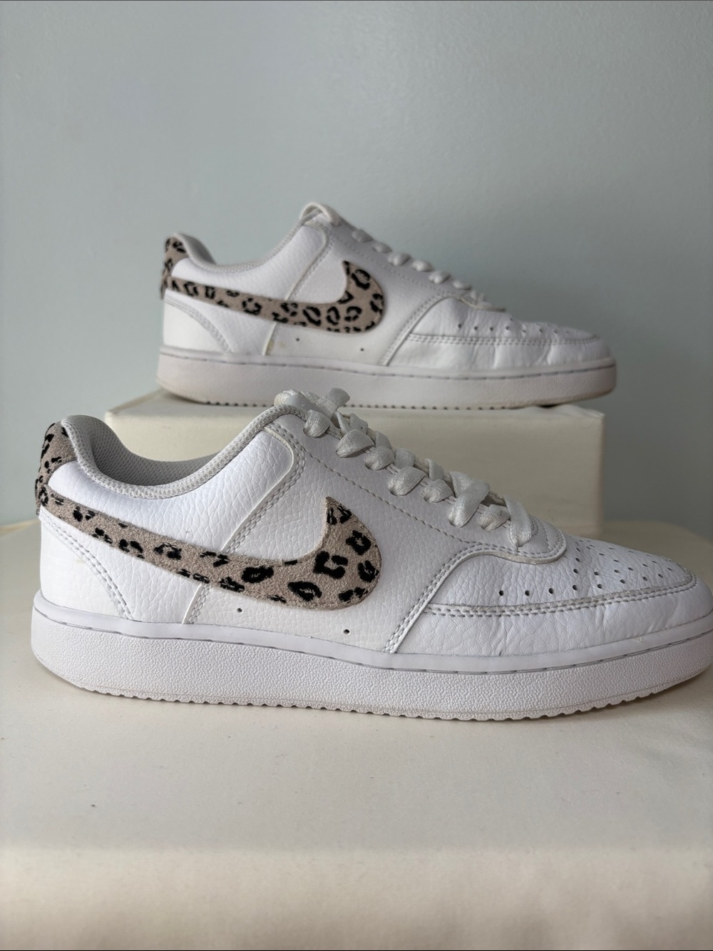 Nike Women's Court Vision Low White Sneakers with Leopard Swoosh